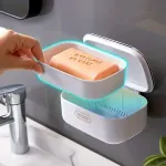 Household Wall Mounted Soap Box With Lid Drainage Non Punch Bathroom Storage Box – Blue