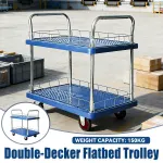 2 Tier Silent Flatbed Trolley with Double Handle for Moving Warehouse Transport