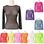 3x Womens Fishnet Mesh Tops Long Sleeve Sheer Stretch Costume – Assorted Pack
