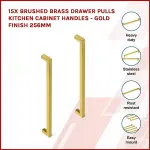 15x Brushed Brass Drawer Pulls Kitchen Cabinet Handles – Gold Finish 256mm