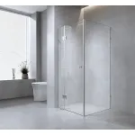 110x70cm Corner Frameless Shower Screen with F-Brackets and Brass Hinges, Square Double Pull Handle – Black