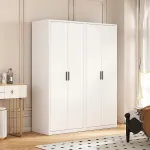 160x200cm 4-Door White Steel Hanging Wardrobe with Black Handle Storage Cabinet