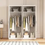 160x200cm 4-Door White Steel Hanging Wardrobe with Black Handle Storage Cabinet