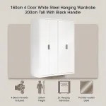 160x200cm 4-Door White Steel Hanging Wardrobe with Black Handle Storage Cabinet