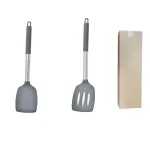 2-Piece Silicone Spatula Set Slotted Turner Solid Turner Stainless Steel Handle Heat Resistant Non-Stick Cookware Kitchen Utensils