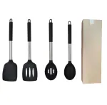 4-Piece Silicone Spatula Set Slotted Turner Solid Turner Stainless Steel Handle Heat Resistant Non-Stick Cookware Kitchen Utensils – Black