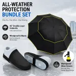 Black Compact 3-Fold Automatic Golf Umbrella (Dia 42 Inch) + Waterproof Thermal Half Shoe Covers (S Size) with Anti Slip Elastic Strap– Windproof & Stainproof Full Body Rain Protection Kit for Golf, Cycling and Outdoor Activities