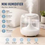650ML USB Mini Humidifier with Aromatherapy Function, Cool Mist Air Humidifier for Bedroom, Home Office, Quiet Large Mist Output Diffuser with Night Light