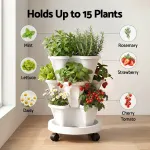 Green Fingers 3 Tier Stackable Vertical Planter Tower Strawberry Pot Wheels – White