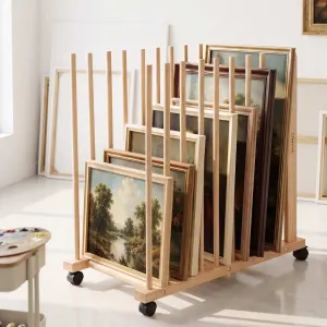Artiss Art Drying & Storage Rack with Caster Wheels, Solid Wood Adjustable Slots Rack for Drawing Boards, Panels, Paintings, Artworks Display