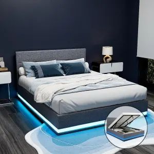Artiss Bed Frame Queen Size LED Gas Lift LUMI – Grey