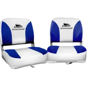 Seamanship 2X Folding Boat Seats Marine Swivel Low Back 13cm Padding White Blue