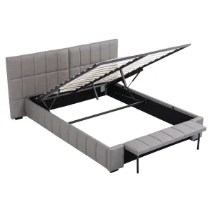 Artiss Queen Size Upholstered Gas Lift Bed Frame with Foldable Bench PVC Leather Platform Bed with Storage