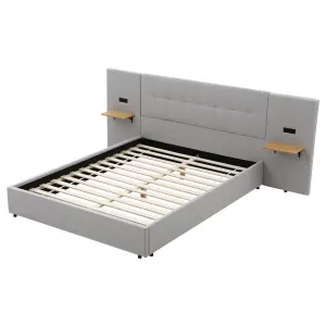 Artiss Queen Bed Frame with Wide Headboard, Floating Shelves and USB Grey