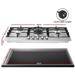 Devanti 90cm Gas Cooktop 5 Burner LPG NG Stainless Steel Hob Silver