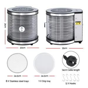 Devanti 8 Trays Food Dehydrator Stainless Steel Auto-Rotate 10 Programs 700W