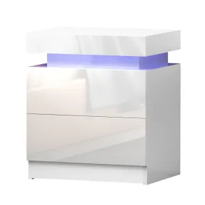 Artiss 2X Bedside Table LED 2 Drawers Lift-up Storage – COLEY White