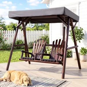 Gardeon Outdoor Wooden Swing Chair with Canopy Middle Table Charcoal