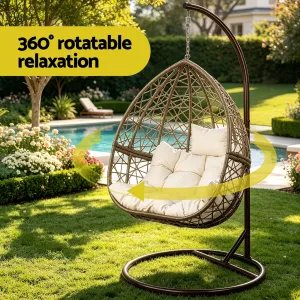 Gardeon Outdoor Egg Swing Chair Wicker Rattan Furniture Pod Stand Cushion – Latte