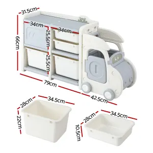 Keezi Toy Storage Organizer with 4 Storage Bins and Cabinet, Bookcase Kids Toys Box, Toy Storage for Kids Room, Playroom, Bedroom, Nursery, Car Shaped