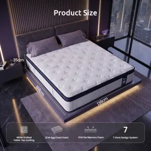 Levitex 35CM Double Mattresses Gel Memory Foam and 7-Zone Ergonomic Pocket Spring, Anti-Roll Dual-Row Edge, Undisturbed Deep Sleep For Restless Couples, Triple Cooling System
