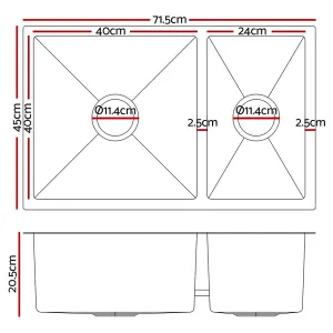 Cefito Kitchen Sink 71X45CM Stainless Steel Basin Double Bowl Silver