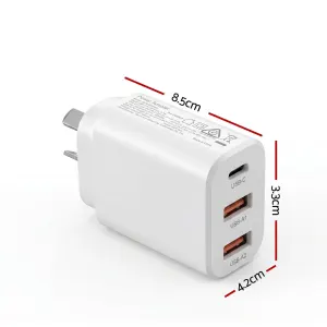 Devanti USB C Charger 30W Fast Charger 3 Port PD Charging Block White