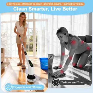 Wireless Electric Cleaning Brush with 8 Replaceable Heads – Adjustable Extendable Handle for Bathroom, Kitchen, Tiles & Car (White)