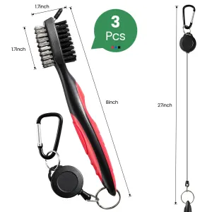 Golf Club Cleaning Brush Set with Retractable Zip Line – 3-Pack Dual-Sided Brush for Deep Groove Cleaning (Blue)