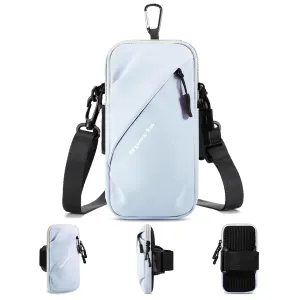 Universal Running Phone Arm Band – Waterproof, Dual Pocket, Adjustable Strap, Breathable Mesh, Fits Phones Up to 6.7 Inches, Crossbody & Waist Clip – Light Blue