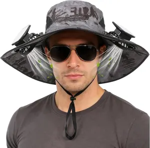 Solar-Powered Dual-Fan Sun Hat – UPF 50+ Wide-Brim Outdoor Hat with 2 USB/Solar Rechargeable Fans, Adjustable Strap, Breathable Mesh, for Fishing, Hiking, Beach & Gardening; Unisex Cooling Cap with 800mAh Battery