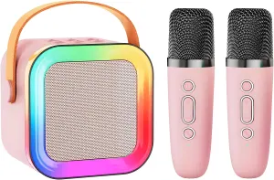Mini Karaoke Machine with 2 Wireless Microphones: Portable Bluetooth Speaker for Kids & Adults, Ideal Gift for All Occasions