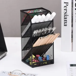 Modern Metal Mesh Pencil Holder, 5-Compartment Desk Organiser, Black Angled Pen Holder