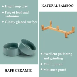 Cat Litter Box – Dog Bowl – Ceramic Food Bowl Set for Cat and Dog – With Wooden Base, Modern and Cute Design, Weighted and Non-Slip – Suitable for food and water – Suitable for cats, small dogs, and puppies (Capacity: 390 ml / Diameter: 13 cm)