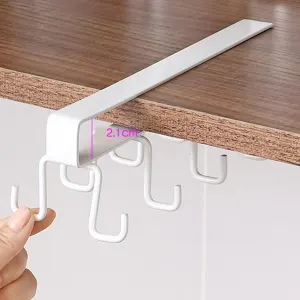 12 Hook Under Cabinet Mug Holder, double sided metal rack for coffee cups and kitchen storage, White, 10.03 x 3.15 x 2.75 inches