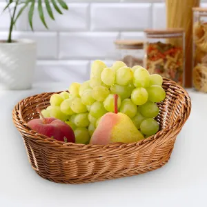 Oval Wicker Serving Basket, stackable plastic rattan style container for bread fruit and vegetables for kitchen and dining, Brown, 19 x 13 cm
