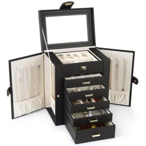 Women’s Multi-functional Jewelry Box: Built-in Mirror, Multi-layer Drawer Storage, Side Hooks to Prevent Tangling and Protect Accessories. – Black