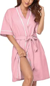 Women's Cotton Bathrobe - Short Sleeves with Pockets & Belt - Breathable Comfort - Lightweight - Pink - XXL