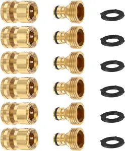 Garden Hose Quick Connector, Solid Brass 3/4 Inch Thread Fitting No-Leak Water Hose Female and Male Easy Connect (6 Sets)