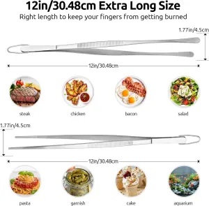 12″ Kitchen Cooking Tweezer Set: 18/8 Stainless Steel Food-Grade Metal Food Tong, Flexible Pinching, Seamless-Welding, Sturdy and Non-Slip for Serving, Grilling, Frying (Round & Pointed Tip)
