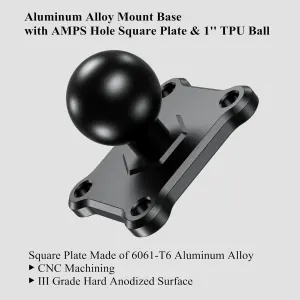 1” Ball Mount Base with Aluminum Alloy 4-Hole AMPS Square Plate Compatible with RAM Mounts B Size 1 Inch Ball Double Socket Arm