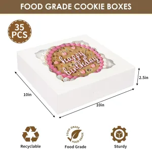 35pcs Bakery Boxes, 10x10x2.5 Inches Auto-Popup Cookie Boxes with Window for Pie, Cookie Cake, Treats, Pastries, Chocolate Covered Strawberries