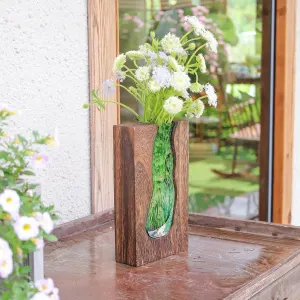 Vase with inlaid wood and glass – Rustic style wood and glass vase – Solid wood and glass vase – Vase for home decor – Table decoration (9.45 inches)