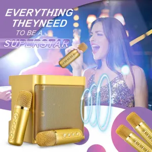 Gold Karaoke Machine with 2 Wireless Microphones Bluetooth-Compatible 5.0 for Parties