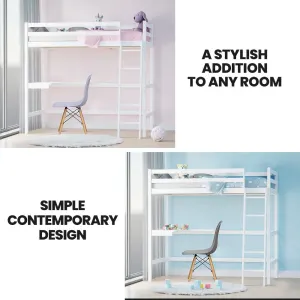 KINGSTON SLUMBER Wooden Kids Single Loft Bed Frame with Desk – White