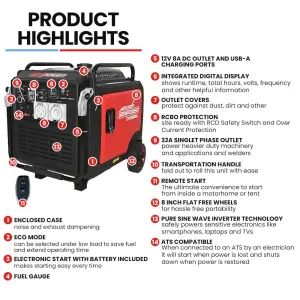 GENPOWER 8.5kW Peak 8.2kW Inverter Generator, Push Button & Remote Start, ATS Compatible, RCD, Portable w/ Wheels, 27L Fuel Tank, Grid Power Home Backup