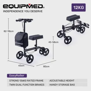 Equipmed Knee Scooter Walker, Dual Brakes – Bag – Broken Leg Ankle Foot Mobility – Crutches Alternative – Black