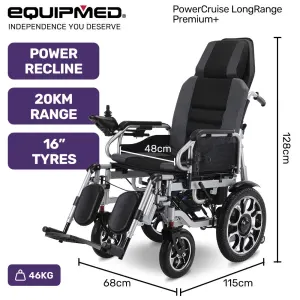 EQUIPMED Electric Wheelchair, Power Recline, Long Range, Lithium Battery, 16″ Rear Wheels, Headrest, Folding, Grey/Black