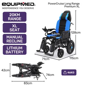 EQUIPMED Power Electric Wheelchair, Wide Bariatric Chair, Comfortable for S-XL, Long Range, Recline Adjustment, Lithium Battery, 16” Wheels, Headrest, Folding