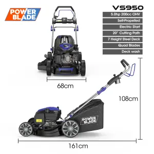 POWERBLADE 20″ 200cc Self-Propelled Lawn Mower, Electric Start, 7 Height, Steel Deck, Deck Wash Port, OHV 4-Stroke Petrol – VS950